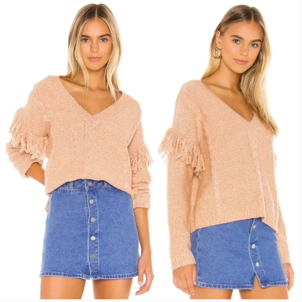 Tularosa Lonestar Sweater Wool Blend Rib Knit‎ V-Neck Fringe Peach, M